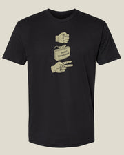 Black t-shirt with hand and Claymore explosive graphics depicting 'Rock, Claymore, Paper'