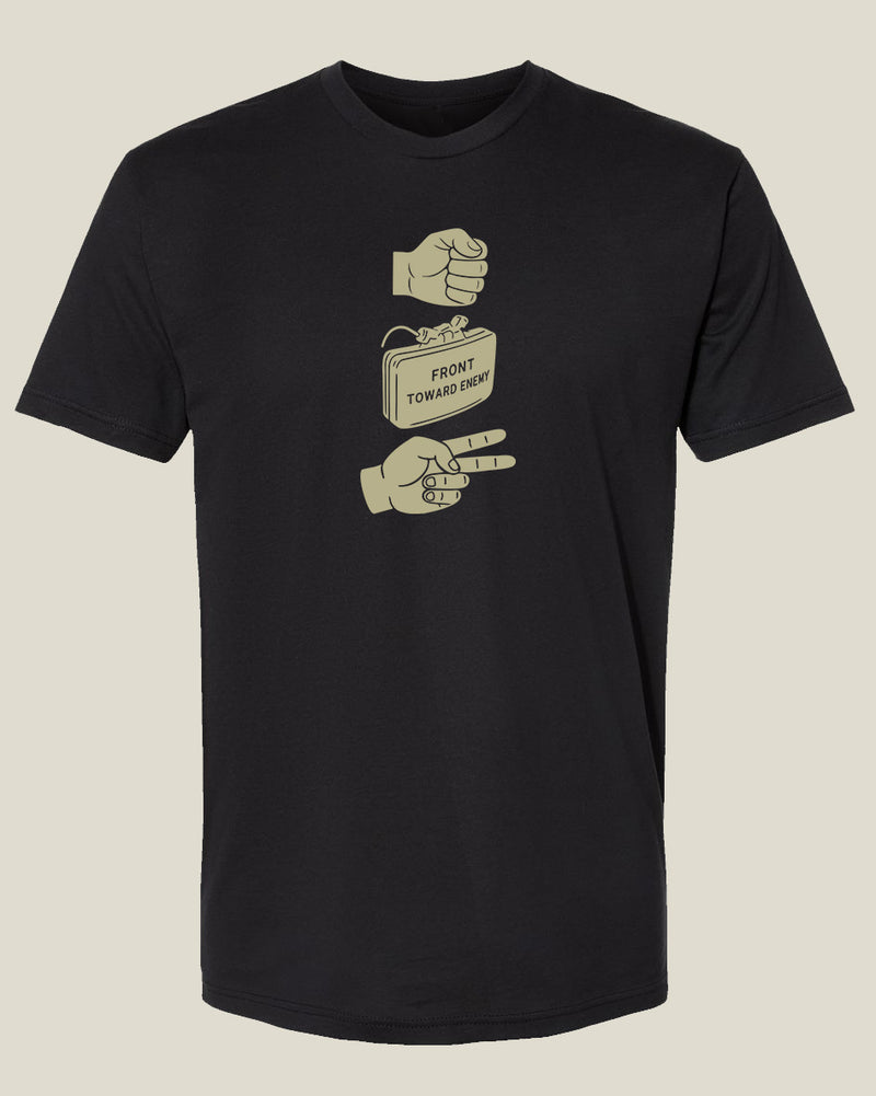 Black t-shirt with hand and Claymore explosive graphics depicting 'Rock, Claymore, Paper'