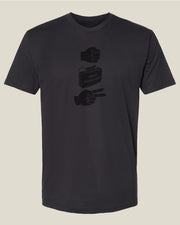 Graphite black t-shirt with hand and Claymore explosive graphics depicting 'Rock, Claymore, Scissors'