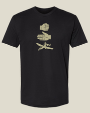 Graphite black t-shirt with hand and Warthog aircraft graphic depicting 'Rock, Paper, Warthog'