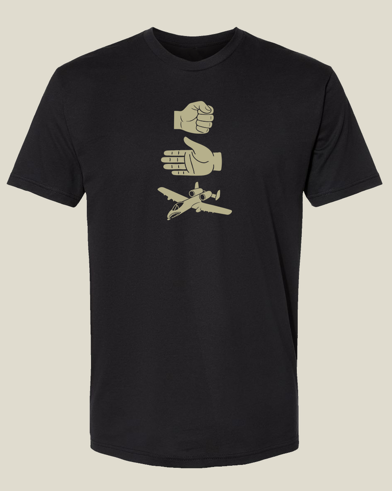 Graphite black t-shirt with hand and Warthog aircraft graphic depicting 'Rock, Paper, Warthog'