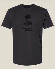 Graphite black t-shirt with hand and Warthog aircraft graphic depicting 'Rock, Paper, Warthog'
