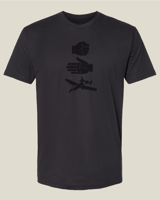 Graphite black t-shirt with hand and Warthog aircraft graphic depicting 'Rock, Paper, Warthog'