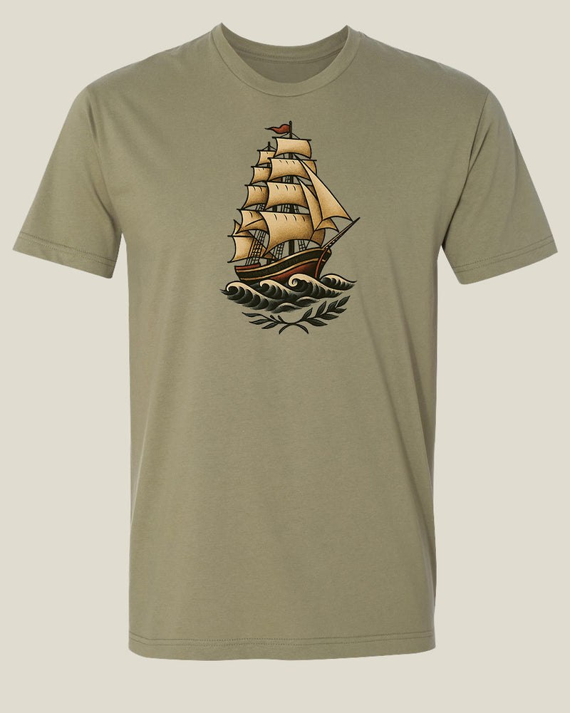 Ranger green t-shirt with a Sailor Jerry tattoo-style tall ship graphic