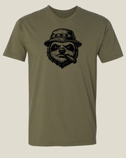 Olive drab t-shirt with a graphic of a sloth head wearing a boonie cover and smoking a cigar