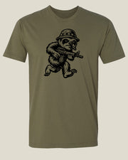 Olive drab t-shirt with a black graphic of a sloth with cigar in his mouth, wearing a boonie cover and carrying an M4 carbine