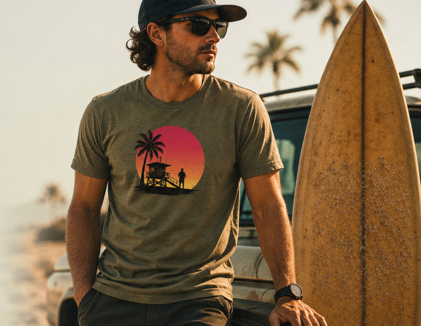 Man next to a surfboard wearing the Summer Grit t-shirt