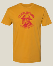 Desert brass yellow t-shirt with a graphic design of an English Bulldog wearing a helmet and barbed wire underneath, with 'Teufel Hunden' text