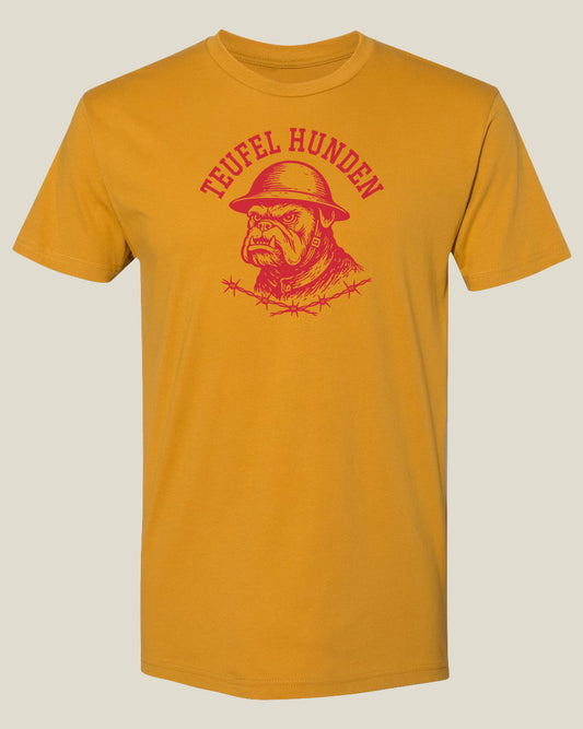 Desert brass yellow t-shirt with a graphic design of an English Bulldog wearing a helmet and barbed wire underneath, with 'Teufel Hunden' text