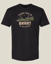 Black Things That Go Brrrt T-Shirt with an A-10 Warthog, bats, and crescent moon graphic.