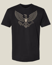 Black Virtue Never Dies T-Shirt with a skeletal eagle holding an olive branch and arrows.