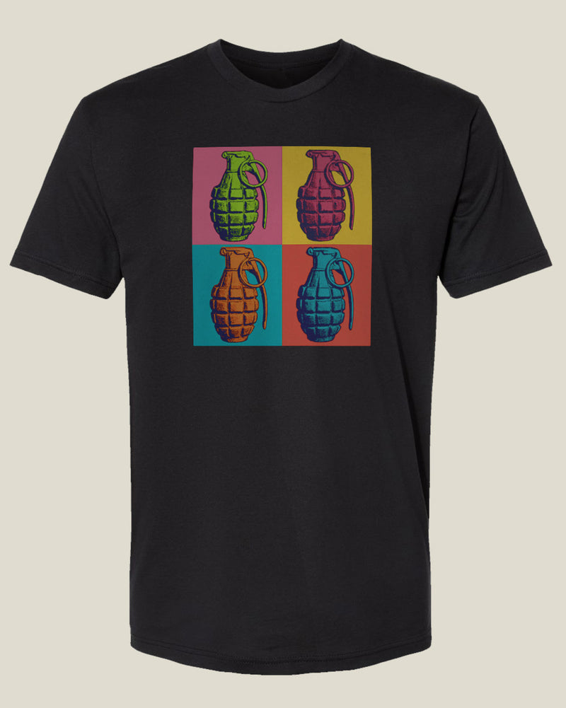 Black t-shirt with colorful grenade design inspired by Any Warhol
