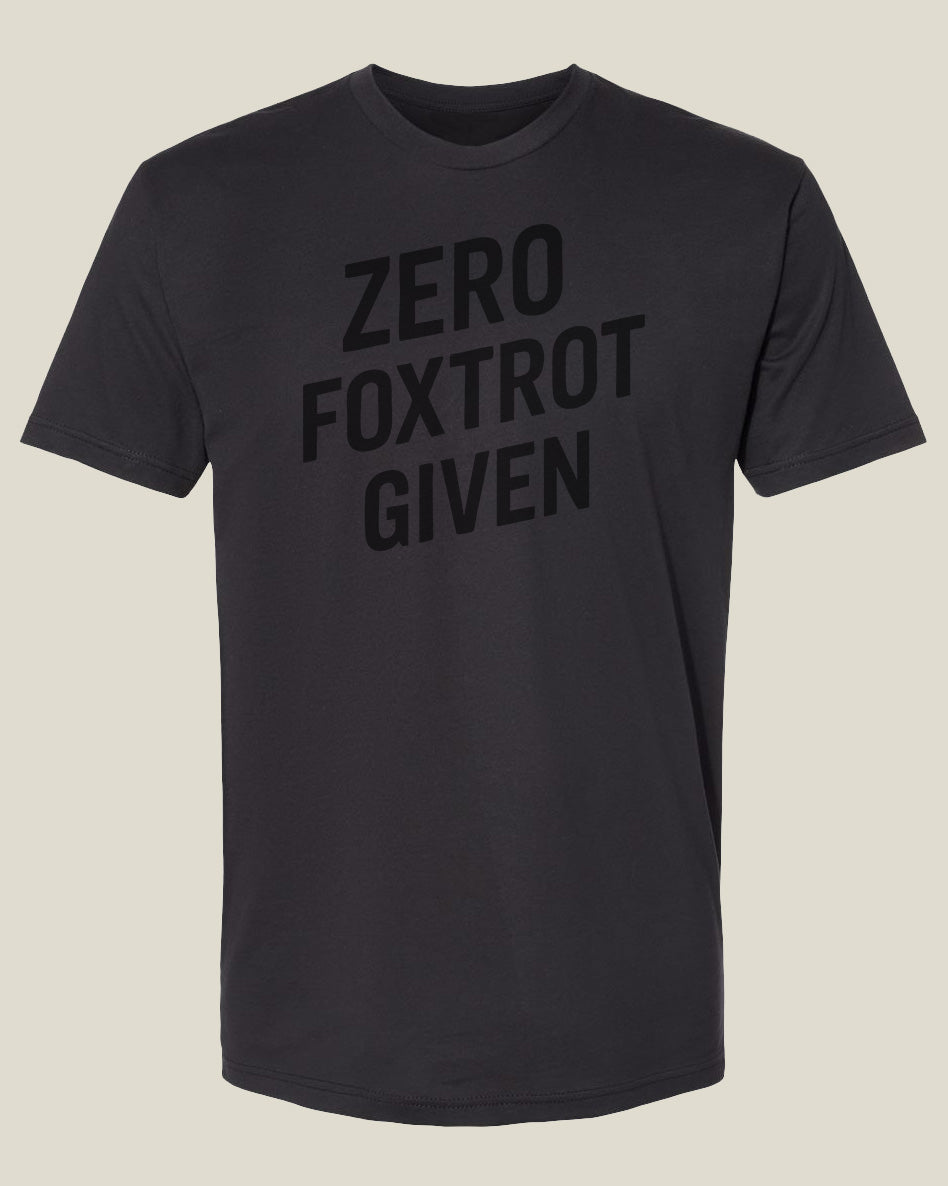 Graphite black t-shirt with 'ZERO FOXTROT GIVEN' text